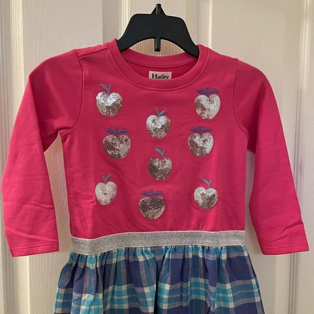Hatley Shiny Apple Fun Elastic Waist Dress Pink Plaid Skirt Girls Size 3 NWT